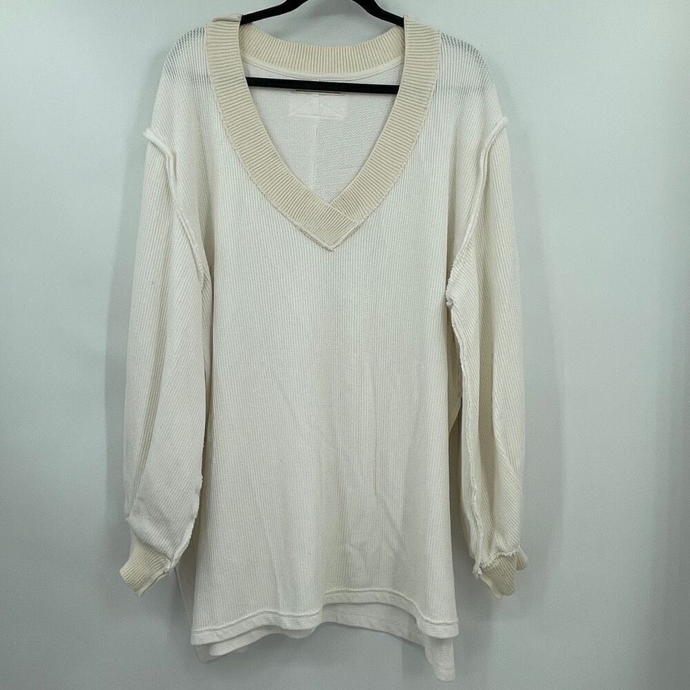 Free People We The Free White Asher Thermal Knit Side Slit Pullover Sweater XS